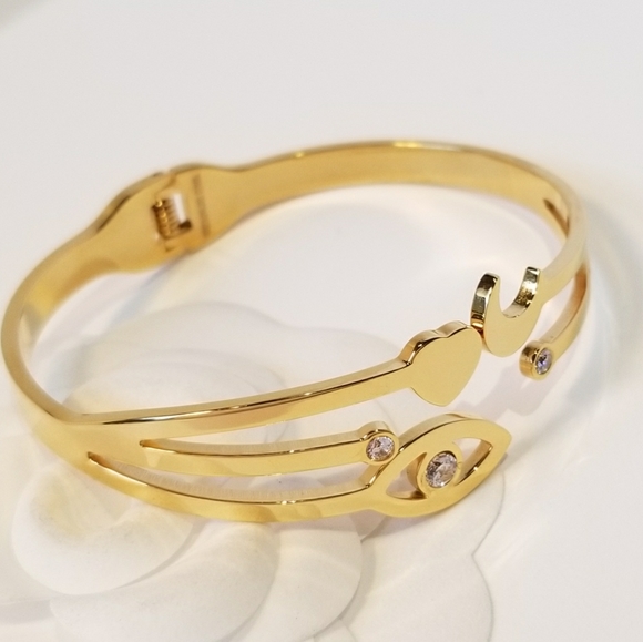 18K Gold Evil Eye Heart Moon Bracelet Bangle Cuff - Picture 4 of 7